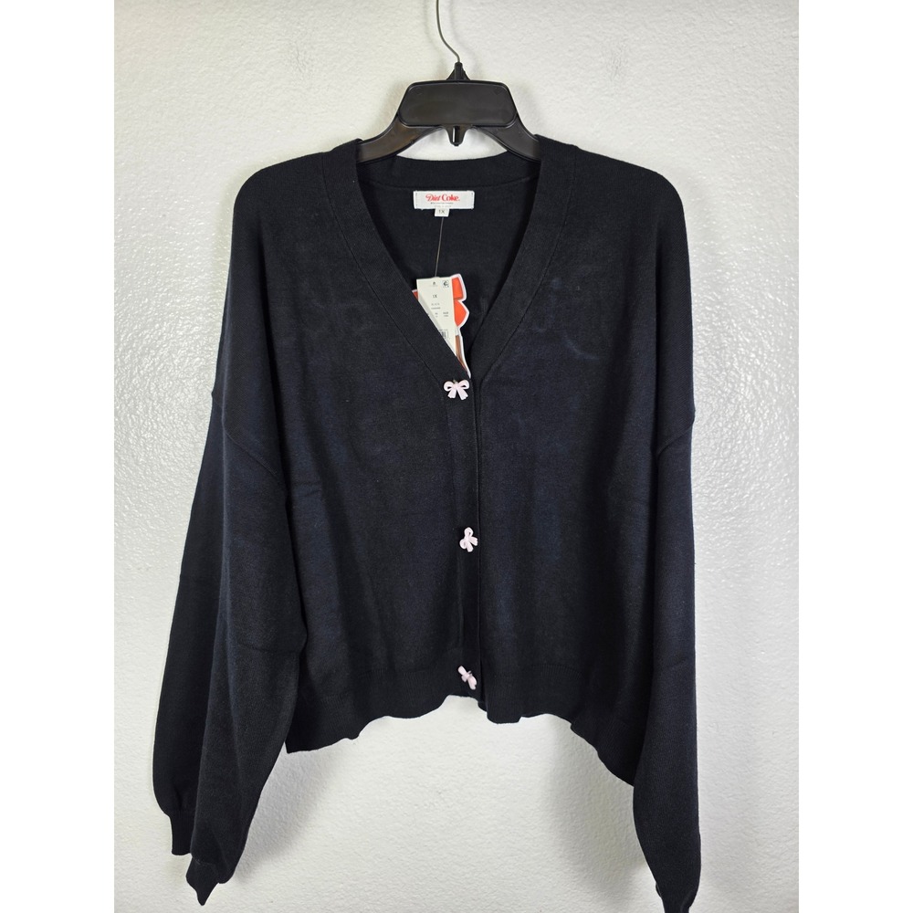 Diet Coke Girlie Cardigan Sweater Womens 1X Black Pink Bow Buttons